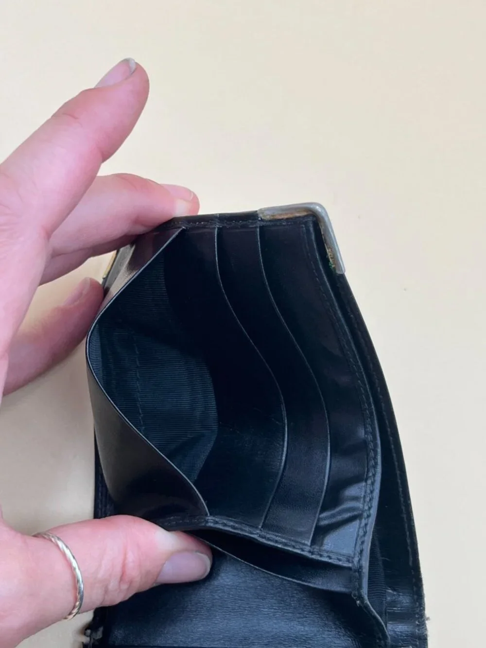 Celine Paris Black Leather Bifold Wallet Embossed Blason Logo Metal Corner Caps